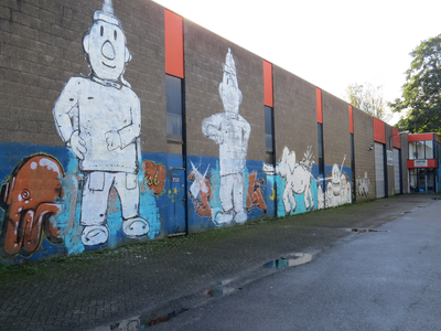 828621 Gezicht op muurschilderingen en graffiti op de gevel van het voormalige Bodencentrum (Brailledreef 9) te Utrecht.